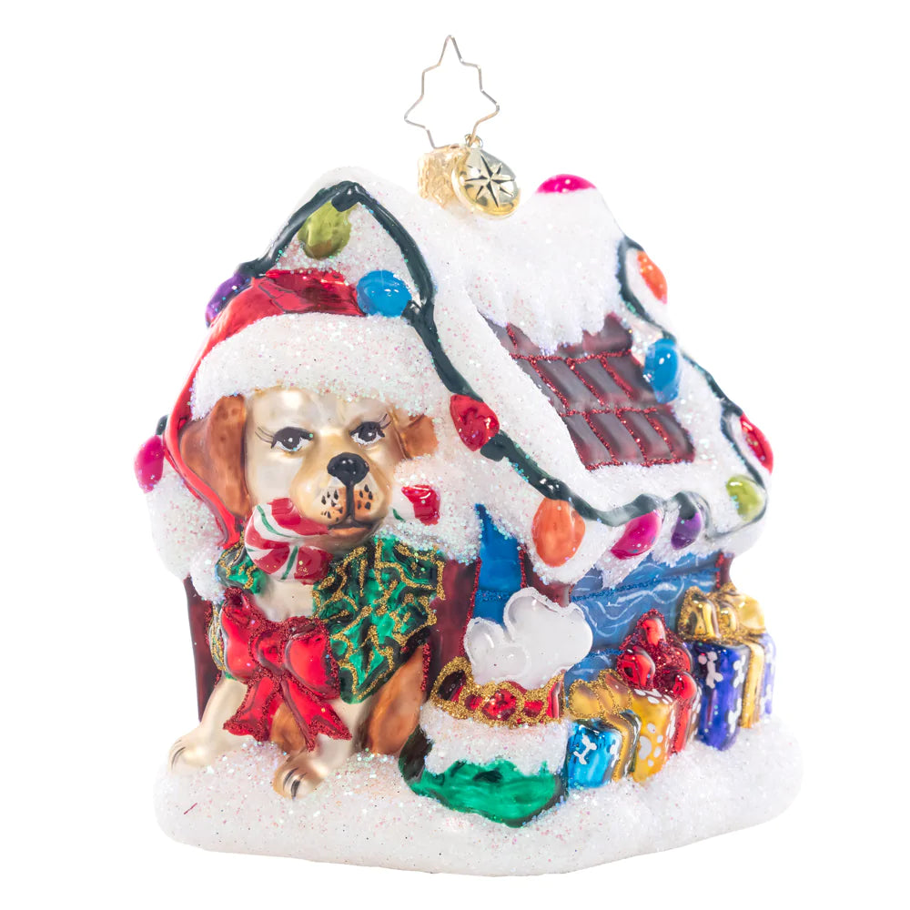 Front - Ornament Description - Happy Howl-idays: Decked out with Christmas lights and a bone-laden wreath, this dog house is as cozy as can be!