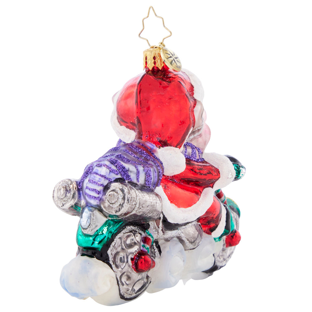 Back View - Ornament Description - Low Rider Hog: That's one speedy swine! This biker Santa is bad to the bone, cruising along the highway on a holiday hog.