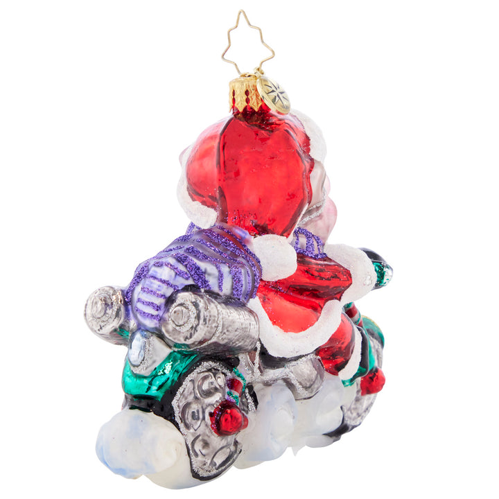 Back View - Ornament Description - Low Rider Hog: That's one speedy swine! This biker Santa is bad to the bone, cruising along the highway on a holiday hog.