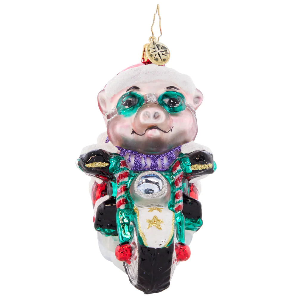 Front - Ornament Description - Low Rider Hog: That's one speedy swine! This biker Santa is bad to the bone, cruising along the highway on a holiday hog.