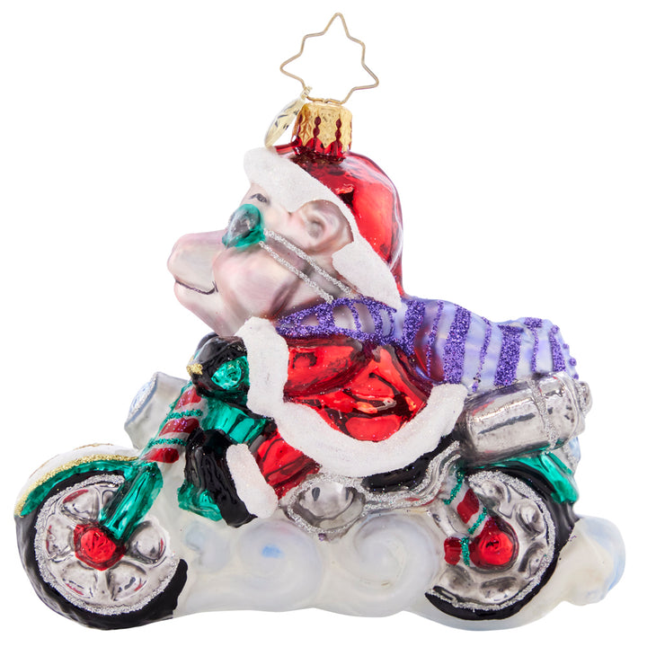 Side View 1 of 2 - Ornament Description - Low Rider Hog: That's one speedy swine! This biker Santa is bad to the bone, cruising along the highway on a holiday hog. 