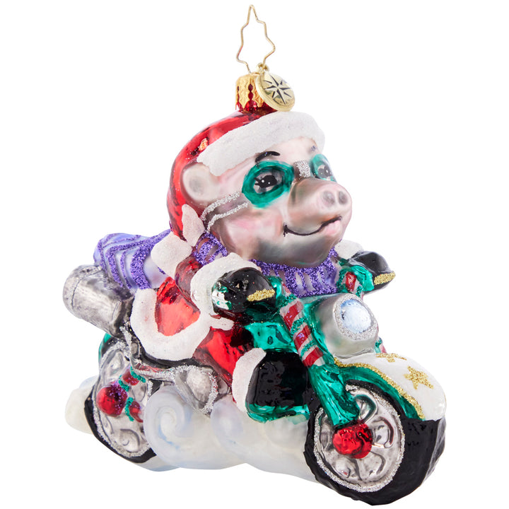 Side View 2 of 2 - Ornament Description - Low Rider Hog: That's one speedy swine! This biker Santa is bad to the bone, cruising along the highway on a holiday hog.