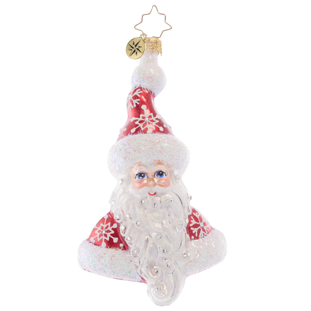 Front - Ornament Description - Santa Claus Returns: Sparkling with snowflakes across his classic crimson coat and hat, this traditional Santa bust adds a sweet smile to your tree.