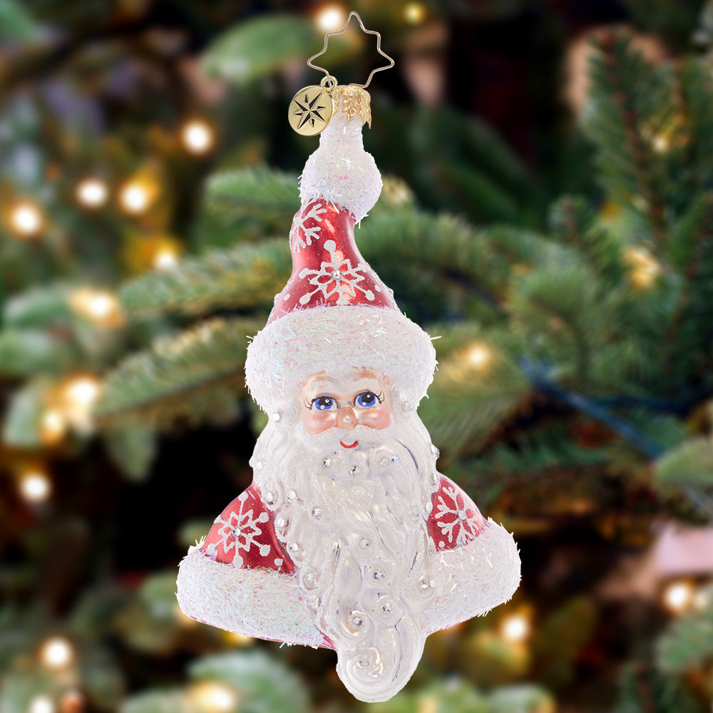 Ornament Description - Santa Claus Returns: Sparkling with snowflakes across his classic crimson coat and hat, this traditional Santa bust adds a sweet smile to your tree.