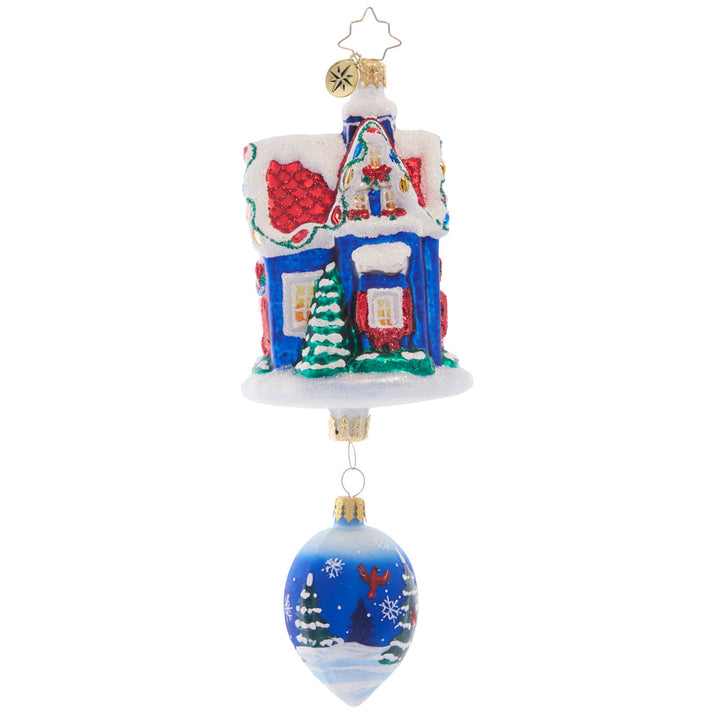 Back - Ornament Description - Snowdrop Cottage: This cute little cottage is covered in Christmas lights and fresh snow. Featuring a beautiful winter scene on a drop-shaped addition dangling below, this ornament is a special piece to add to your collection.