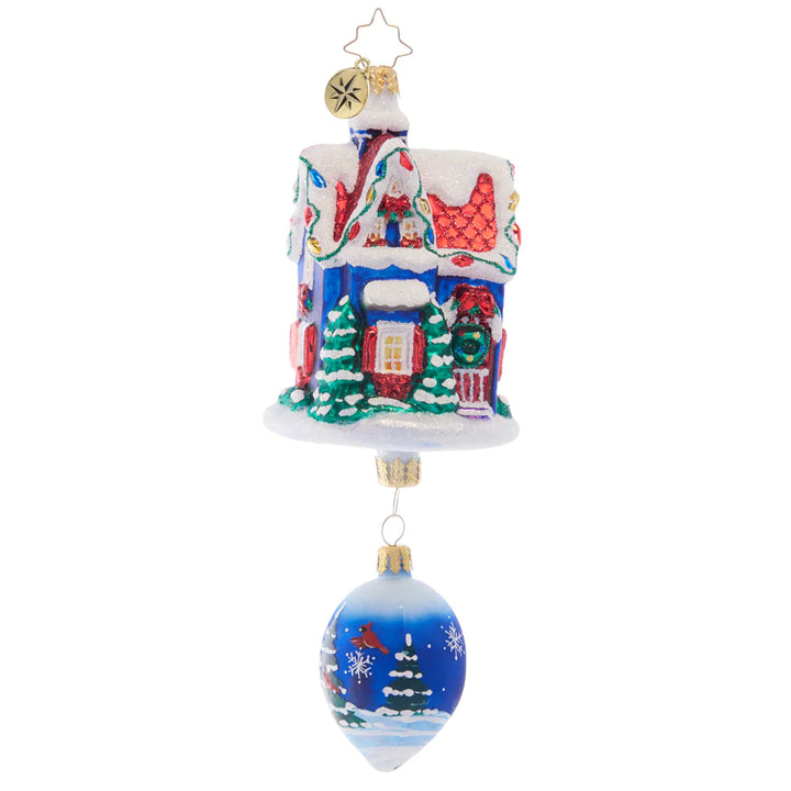 Front - Ornament Description - Snowdrop Cottage: This cute little cottage is covered in Christmas lights and fresh snow. Featuring a beautiful winter scene on a drop-shaped addition dangling below, this ornament is a special piece to add to your collection.