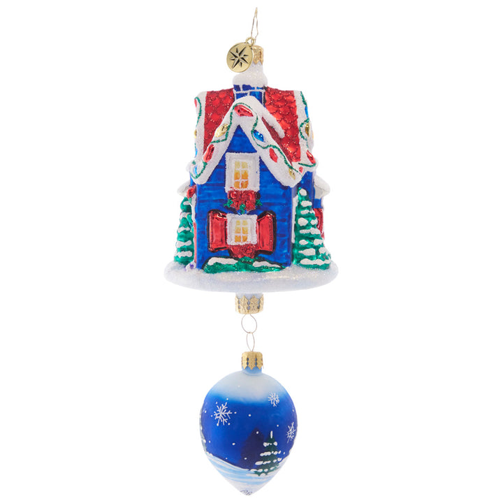 Side View- Ornament Description - Snowdrop Cottage: This cute little cottage is covered in Christmas lights and fresh snow. Featuring a beautiful winter scene on a drop-shaped addition dangling below, this ornament is a special piece to add to your collection.