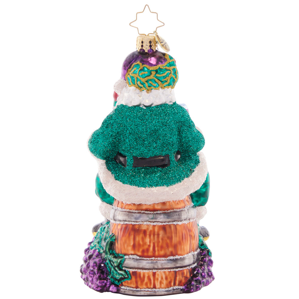 Back - Ornament Description - Time for Fine Wine Santa: Sip-sip-hooray! Sommelier santa sits atop a wine barrel and samples a delicious vintage vino to celebrate another wonderful holiday season.