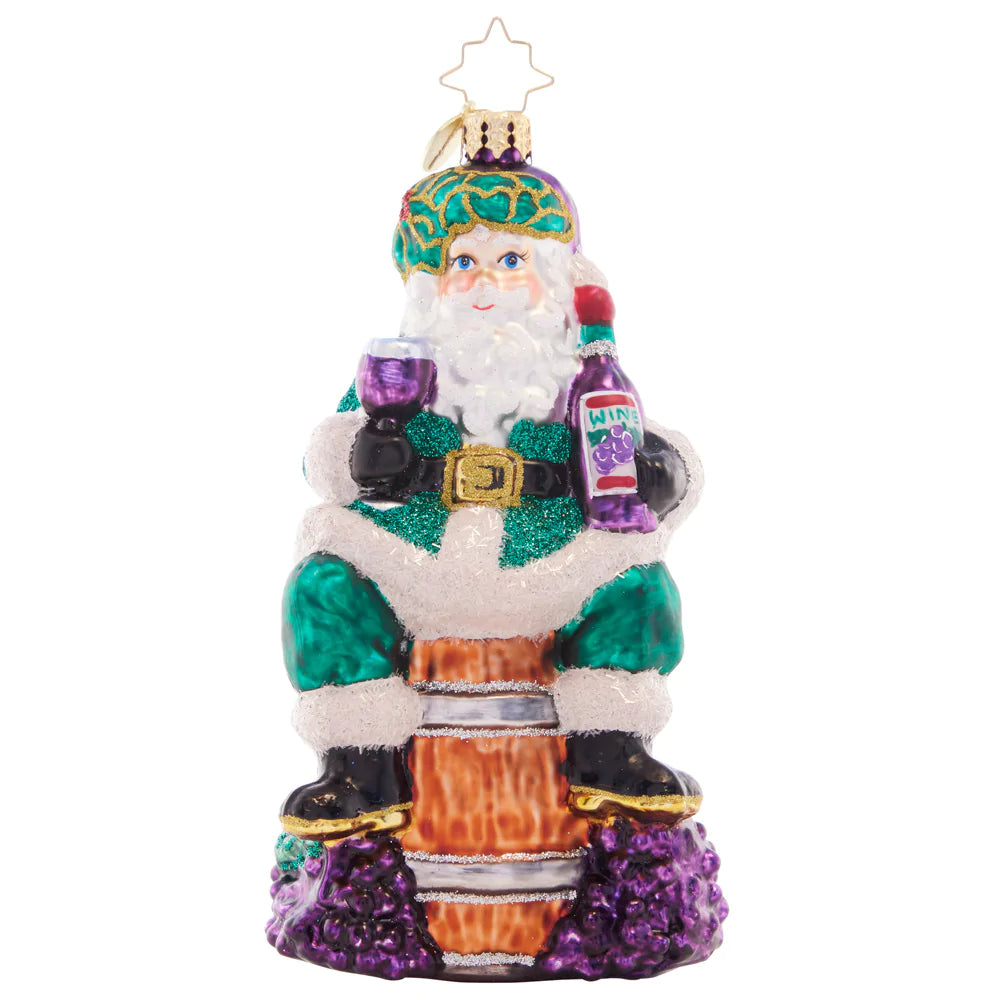 Front - Ornament Description - Time for Fine Wine Santa: Sip-sip-hooray! Sommelier santa sits atop a wine barrel and samples a delicious vintage vino to celebrate another wonderful holiday season.