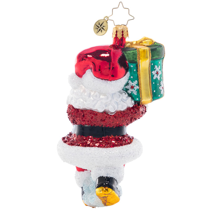 Back - Ornament Description - TipToe To The Tree: Santa must be sneaky in order to get this gigantic gift under the tree without waking anyone up! This merry ornament is an adorable addition to your collection.