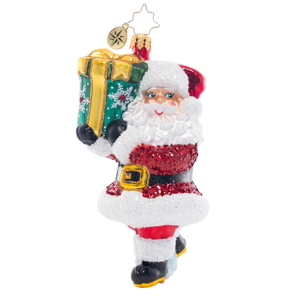 Front - Ornament Description - TipToe To The Tree: Santa must be sneaky in order to get this gigantic gift under the tree without waking anyone up! This merry ornament is an adorable addition to your collection.