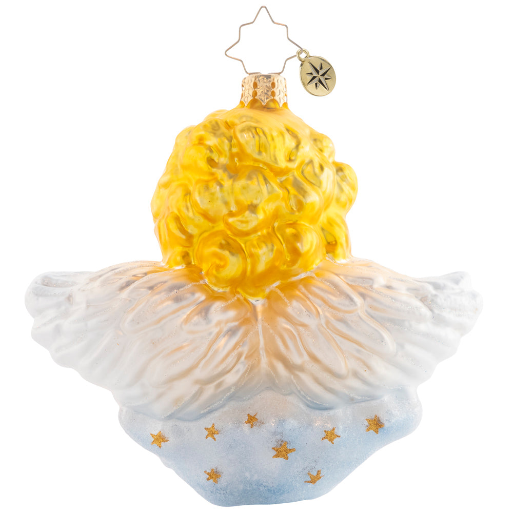 Back - Ornament Description - Darling Guardian Angel: This cheerful cherub lights up the Christmas tree, an angelic addition to your holiday décor.