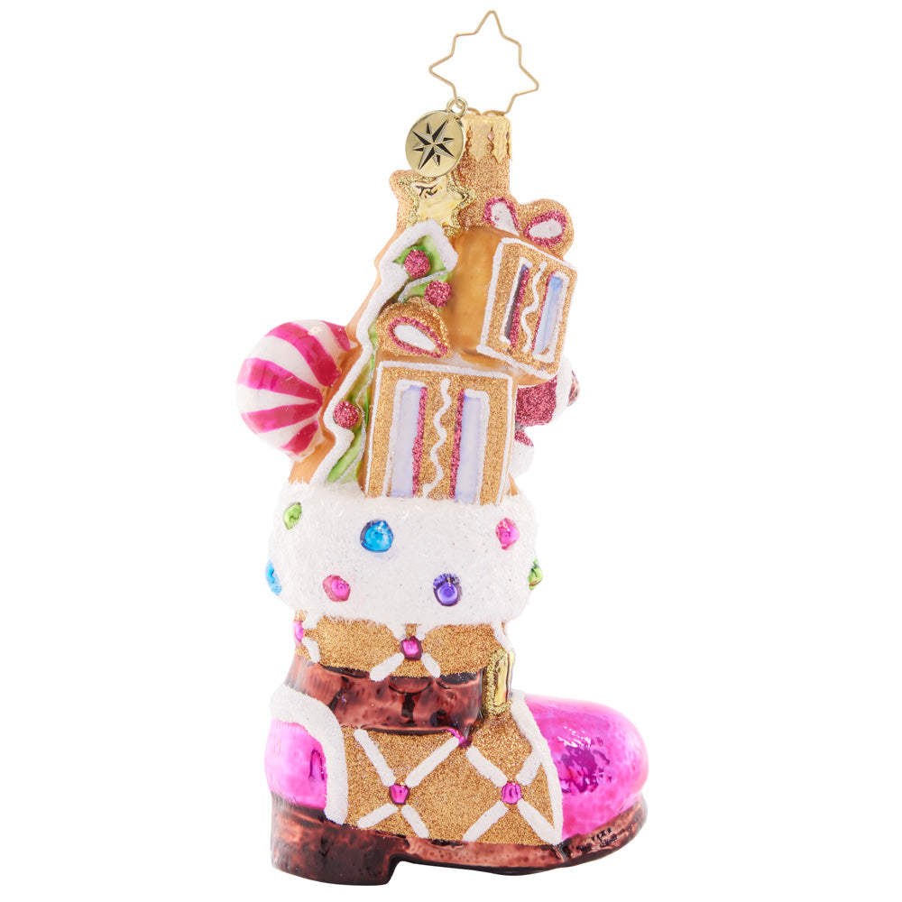 Back - Ornament Description - Treat Yourself Boot: This festively-frosted gingerbread boot is filled to the brim with sweet treats and surprises, baked with love by Santa himself.