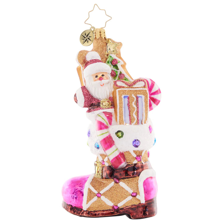 Front - Ornament Description - Treat Yourself Boot: This festively-frosted gingerbread boot is filled to the brim with sweet treats and surprises, baked with love by Santa himself.
