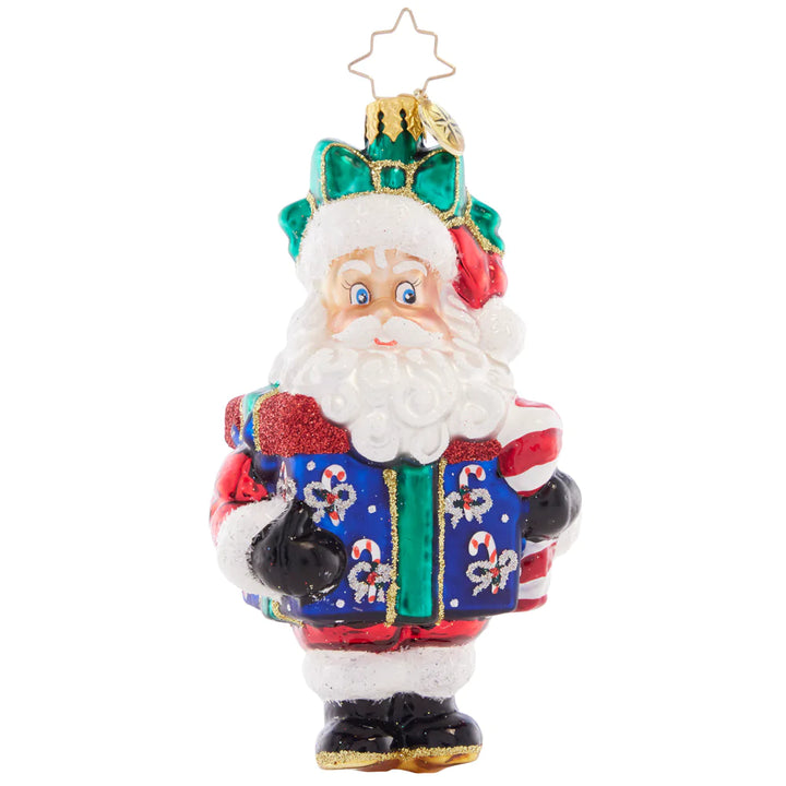 Front - Ornament Description - Santa Surprise: Santa is boxed up and topped with a bow, the greatest gift to give a friend or adorn your own tree.