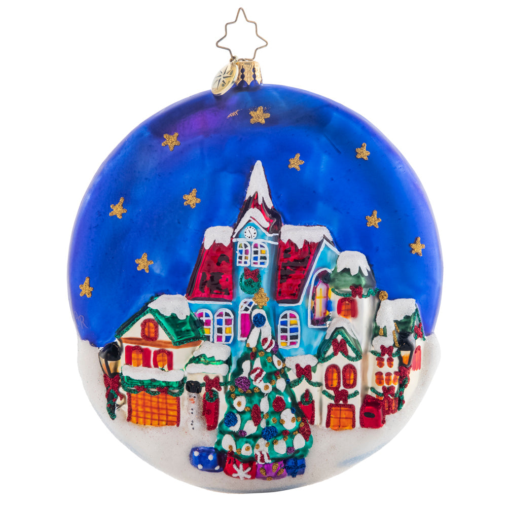 Back - Ornament Description - The Night Before Christmas: Over silent, snow-covered rooftops Santa soars, making his wonderful gift deliveries all around the world. This detailed round depicts a traditional Christmas story cherished by many.