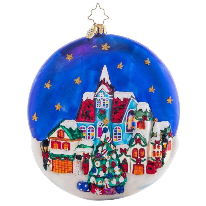 Back - Ornament Description - The Night Before Christmas: Over silent, snow-covered rooftops Santa soars, making his wonderful gift deliveries all around the world. This detailed round depicts a traditional Christmas story cherished by many.