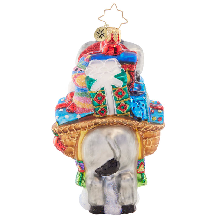 Back - Ornament Description - Packed with Presents: Loaded to the brim with gifts galore, this festive pack-mule is delivering cheer wherever his travels take him!
