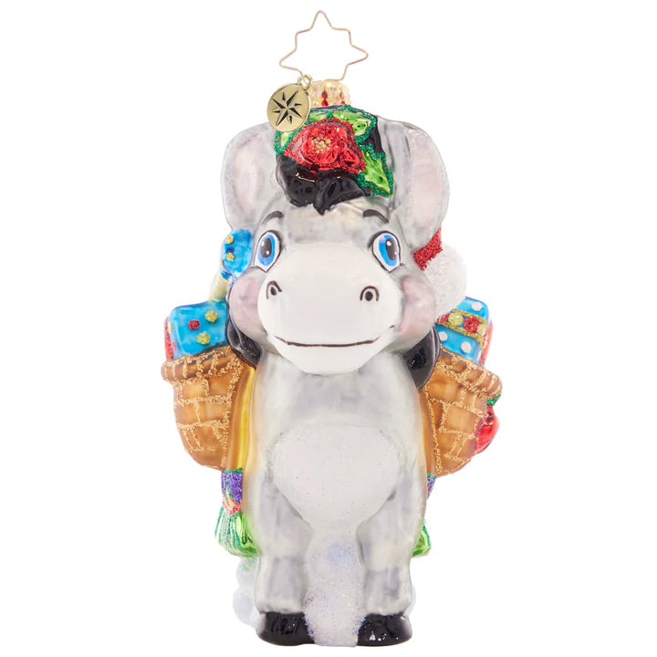 Front - Ornament Description - Packed with Presents: Loaded to the brim with gifts galore, this festive pack-mule is delivering cheer wherever his travels take him!