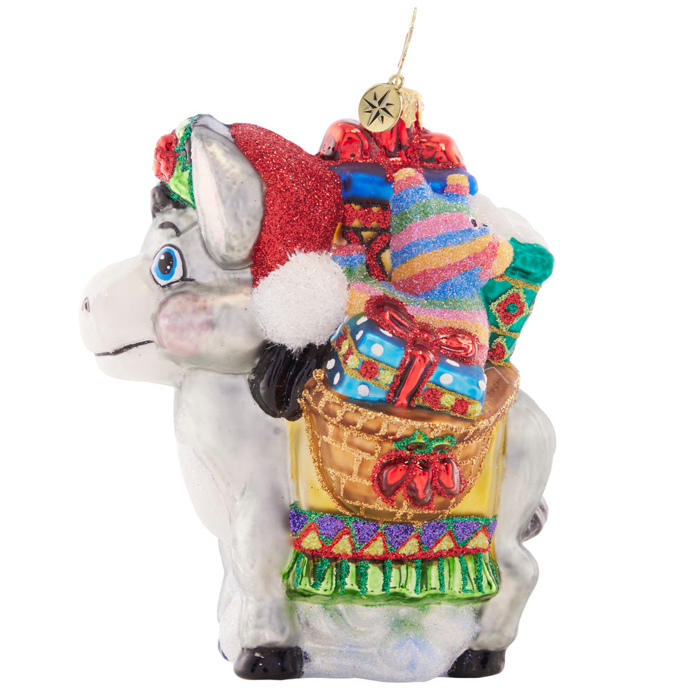 Side View - Ornament Description - Packed with Presents: Loaded to the brim with gifts galore, this festive pack-mule is delivering cheer wherever his travels take him!