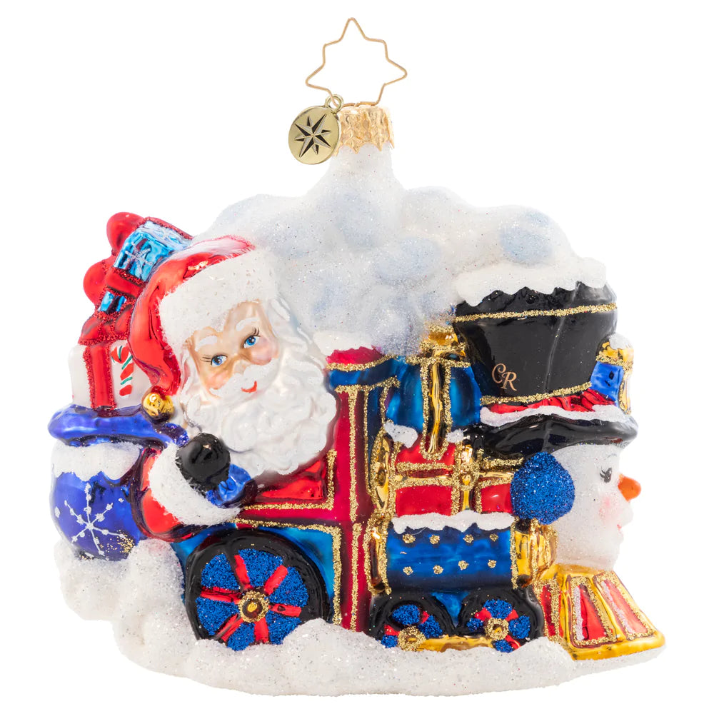 Ornament Description - All Aboard!: All Aboard the wintery Santa train heading to the station. Once the gifts are delivered, there'll be much elation!