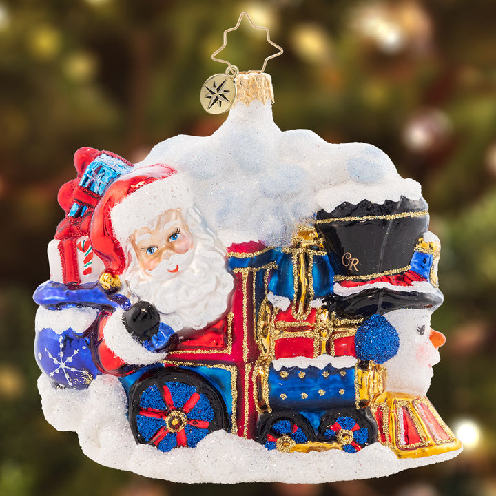 Ornament Description - All Aboard!: All Aboard the wintery Santa train heading to the station. Once the gifts are delivered, there'll be much elation!
