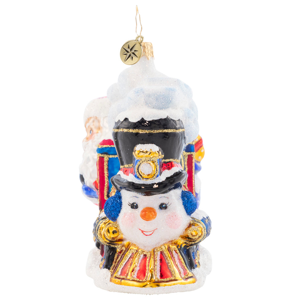 Front of Train - Ornament Description - All Aboard!: All Aboard the wintery Santa train heading to the station. Once the gifts are delivered, there'll be much elation!