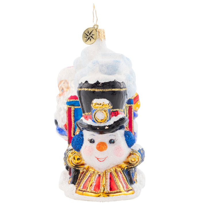 Front of Train - Ornament Description - All Aboard!: All Aboard the wintery Santa train heading to the station. Once the gifts are delivered, there'll be much elation!
