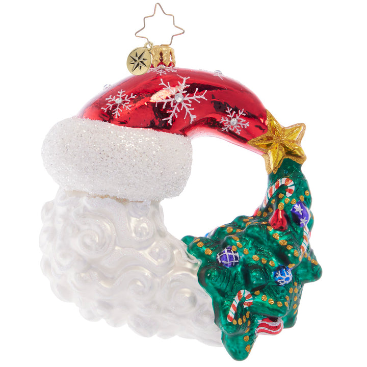 Back - Ornament Description - Christmas with a Grin Santa: A beautifully trimmed tannenbaum swirls together with a smiling Santa, creating a whimsical wreath-shaped piece to adorn your Christmas tree.