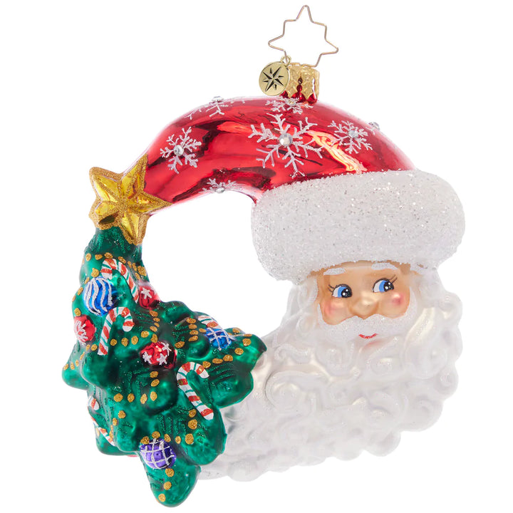 Front - Ornament Description - Christmas with a Grin Santa: A beautifully trimmed tannenbaum swirls together with a smiling Santa, creating a whimsical wreath-shaped piece to adorn your Christmas tree.