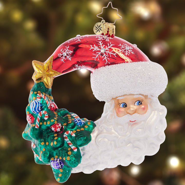 Ornament Description - Christmas with a Grin Santa: A beautifully trimmed tannenbaum swirls together with a smiling Santa, creating a whimsical wreath-shaped piece to adorn your Christmas tree.