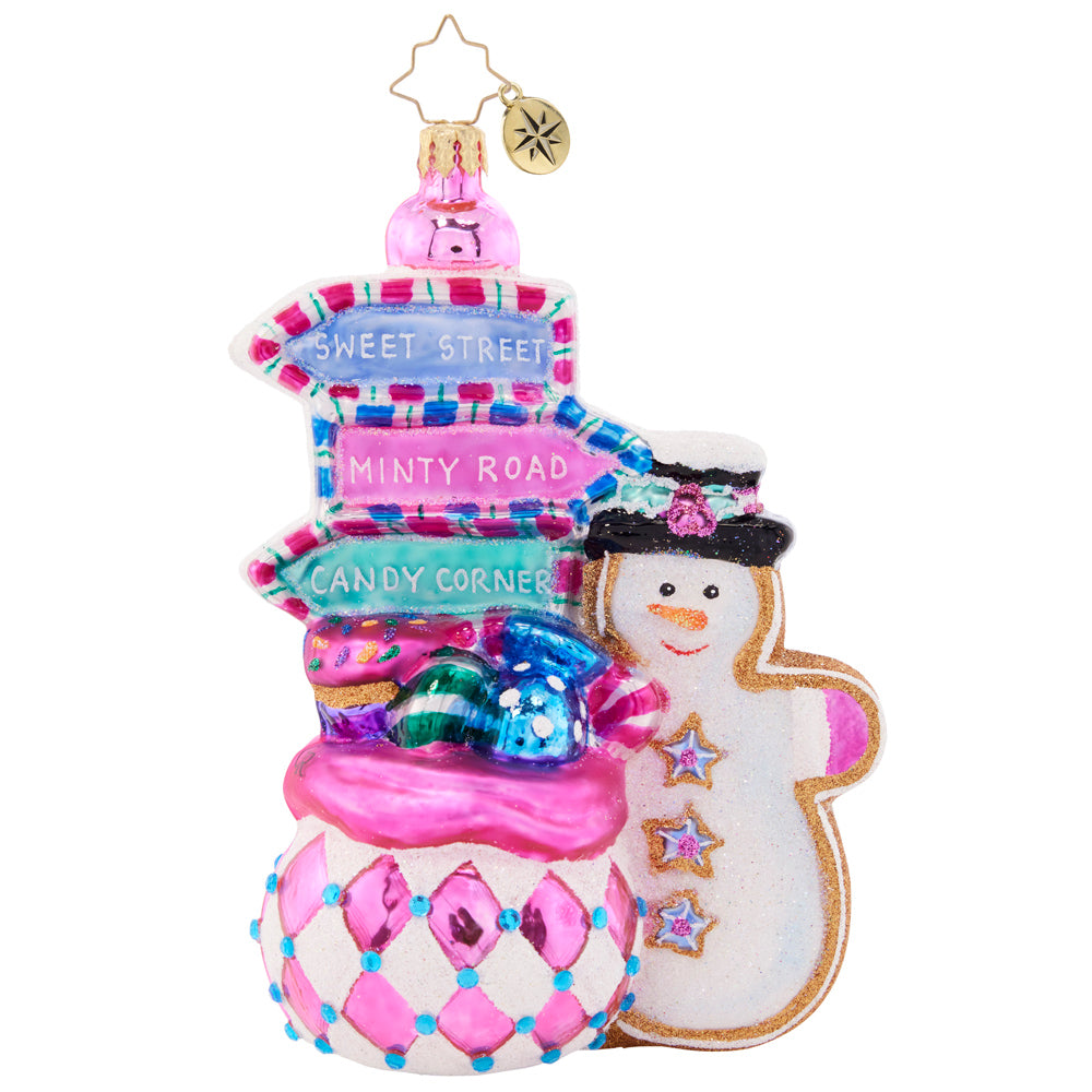 Front - Ornament Description - Sweet Signs: Which way points to Candy Cane Lane? A jolly cookie-snowman is poised and ready to help near this bountiful gift bag-turned-directory. You'll never lose your way on Christmas Day!