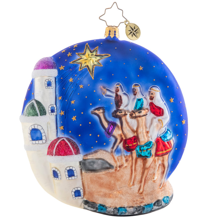 Back - Ornament Description - Oh Holy Night: The holiest of nights captured in a starry sky to guide the Three Wise Men to Jesus, Mary, & Joesph. The journey is long on this double-sided ornament, but well worth it when they arrive at their destination.