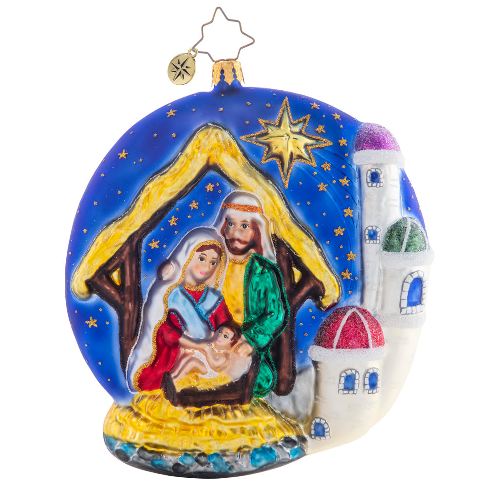 Front - Ornament Description - Oh Holy Night: The holiest of nights captured in a starry sky to guide the Three Wise Men to Jesus, Mary, & Joesph. The journey is long on this double-sided ornament, but well worth it when they arrive at their destination.