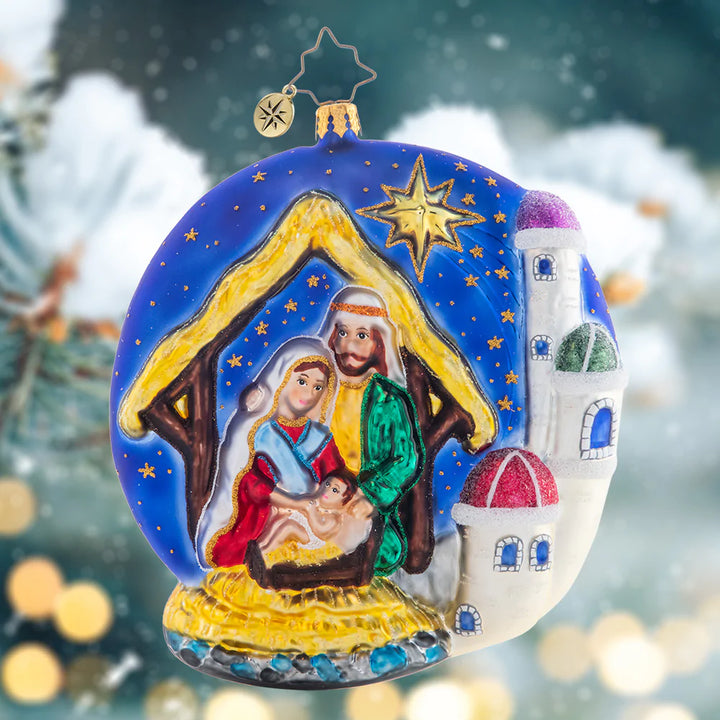 Ornament Description - Oh Holy Night: The holiest of nights captured in a starry sky to guide the Three Wise Men to Jesus, Mary, & Joesph. The journey is long on this double-sided ornament, but well worth it when they arrive at their destination.