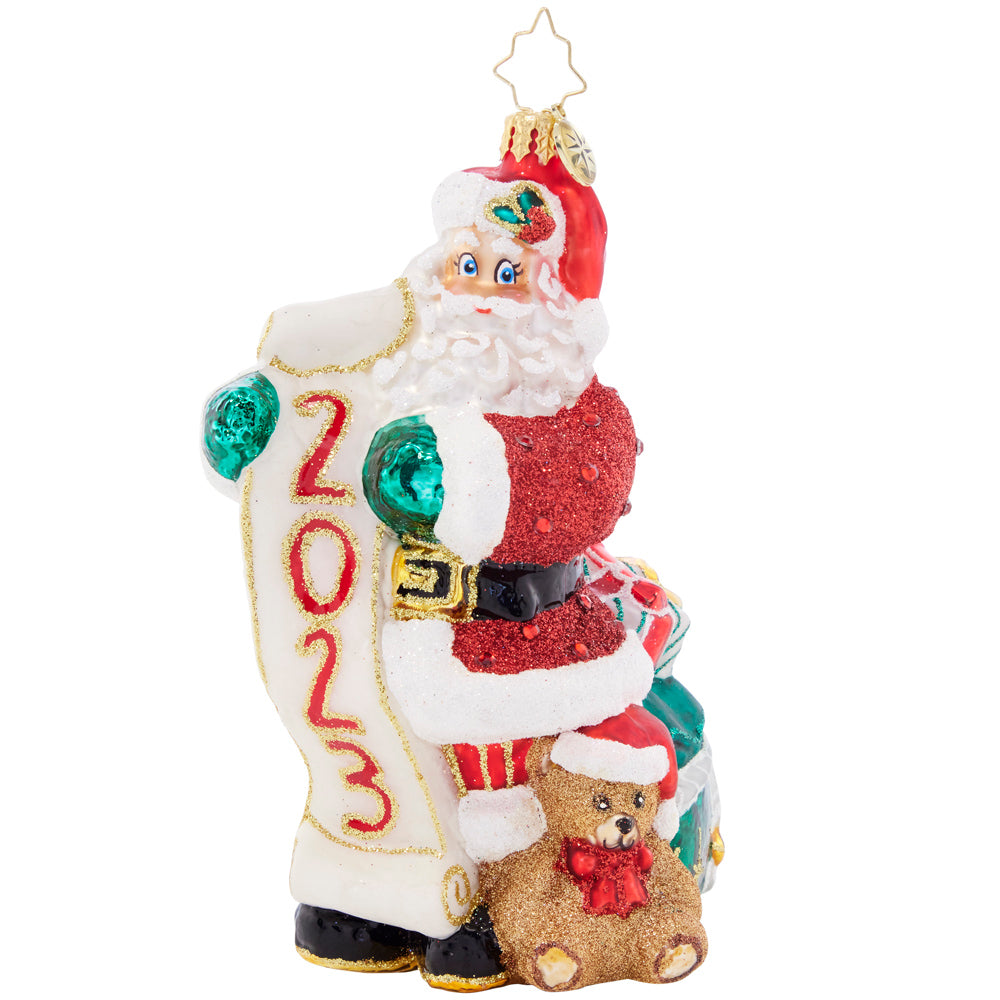 Front - Santa made his list and checked it twice – he thinks 2023 will definitely be nice! Celebrate a wonderful year with this classic ornament.