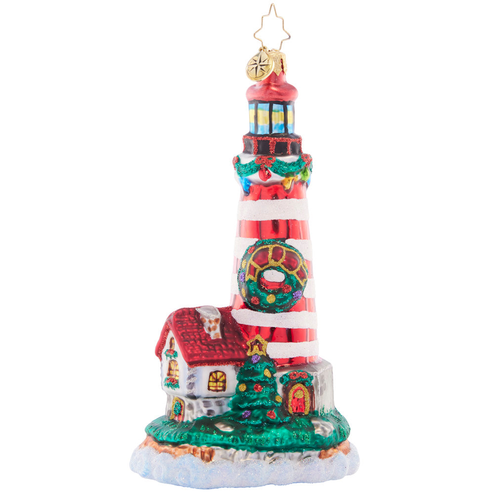 Front - Ornament Description - Light My Way Lighthouse: Perched atop a rocky cliffside, this candycane striped lighthouse shines a beacon of light to show Santa the way on a stormy Christmas night.