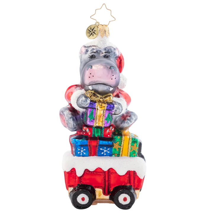 Front - Ornament Description - Holiday Hippo on the Go!: Holiday Hippo has places to go and people to see. Rolling on by it's quite a sight to behold and will make you laugh with glee.