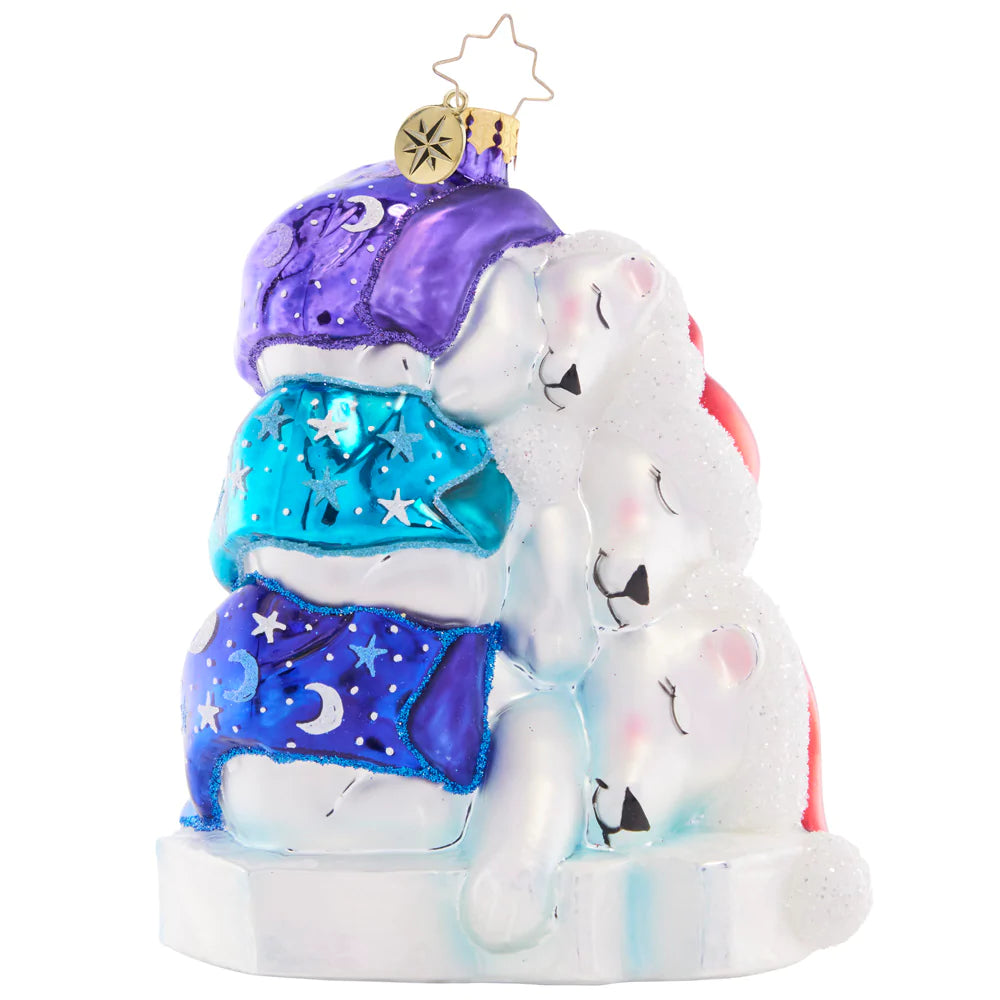 Front - Ornament Description - Piled High Polar Bears: Snuggled under star-speckled blankets, this trio of polar bears are sleeping soundly as they await the excitement of Christmas morning.