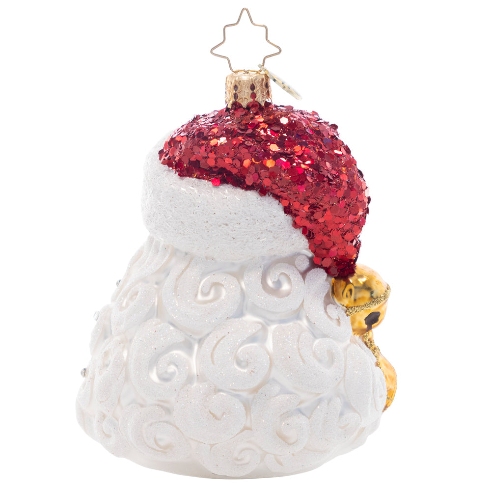 Back - Ornament Description - Sparkling Saint Nick: With a bell-tipped Santa hat adorned with radiant ruby-red glitter, this sweet St. Nick is looking his absolute best this holiday season.