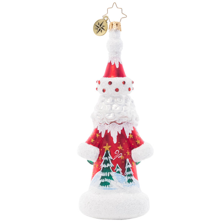 Back - Ornament Description - Starstruck Santa: Santa's star-studded beard isn't the only highlight of this beautiful ornament – he's got a snowy winter scene painted across his classic red coat, too!