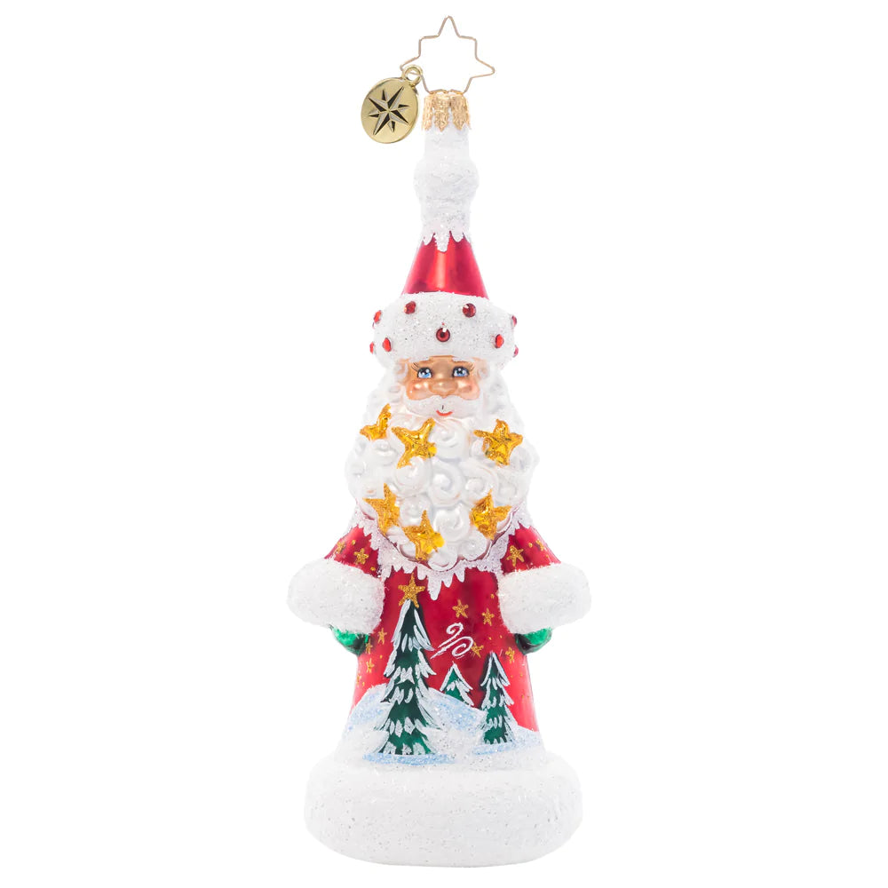 Front - Ornament Description - Starstruck Santa: Santa's star-studded beard isn't the only highlight of this beautiful ornament – he's got a snowy winter scene painted across his classic red coat, too!