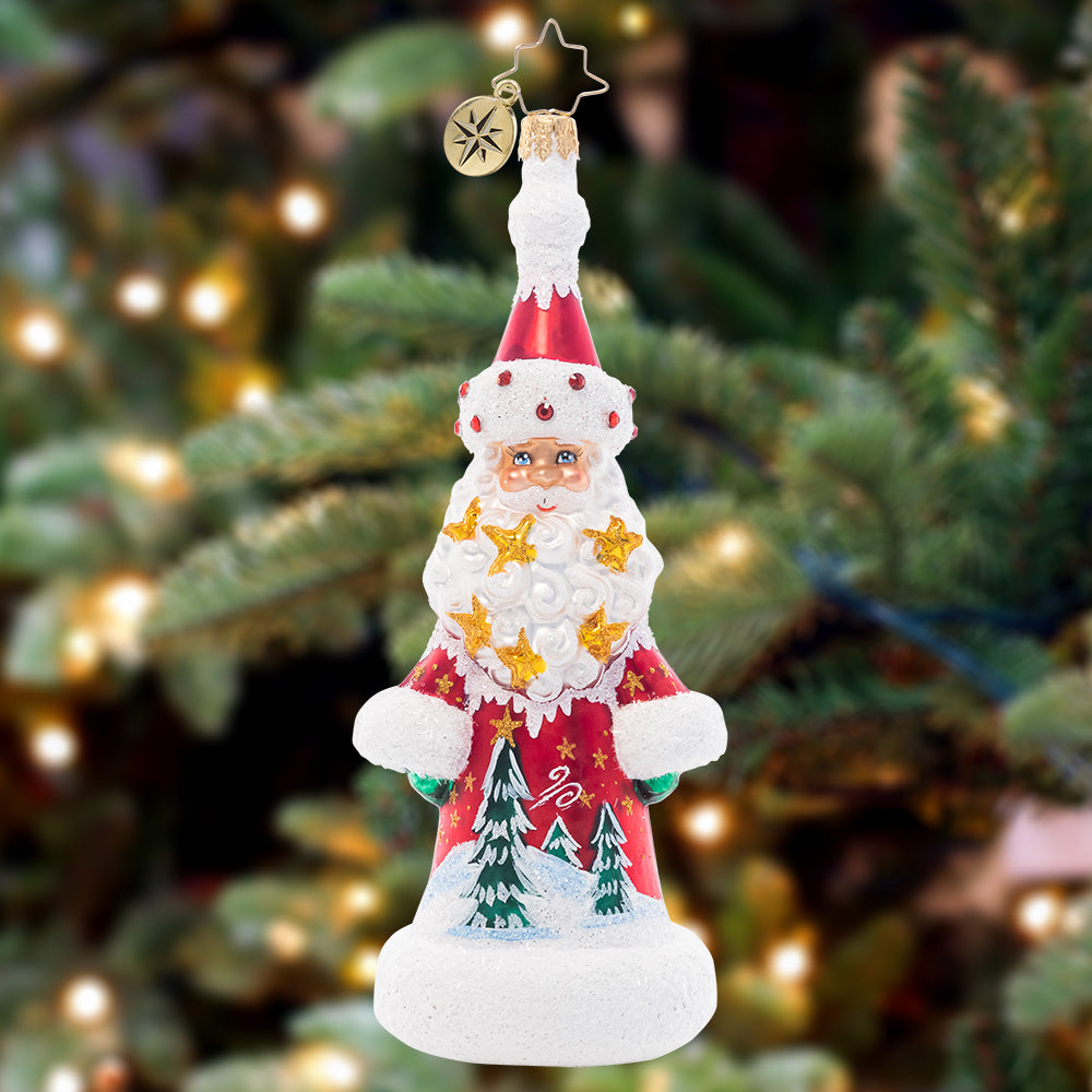 Ornament Description - Starstruck Santa: Santa's star-studded beard isn't the only highlight of this beautiful ornament – he's got a snowy winter scene painted across his classic red coat, too!