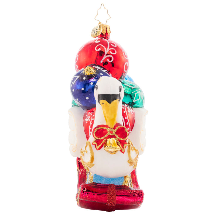 Front View - Ornament Description - Festive Feathers - 2023: What could be prettier than a festive swan who has gathered Christmas ornaments to flaunt among her feathers? This bird will compete with any tree for the best decorated, as you can see!