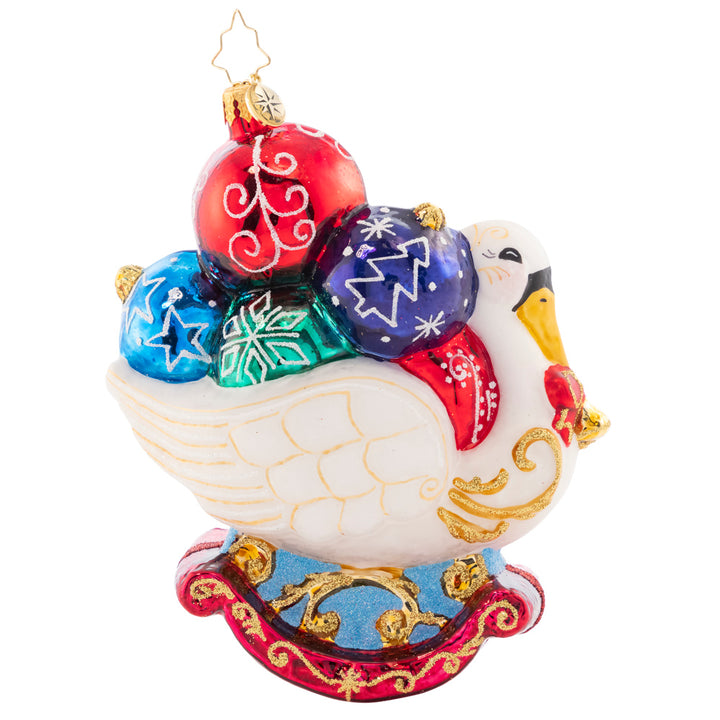 Side View 2 of 2 - Ornament Description - Festive Feathers - 2023: What could be prettier than a festive swan who has gathered Christmas ornaments to flaunt among her feathers? This bird will compete with any tree for the best decorated, as you can see!