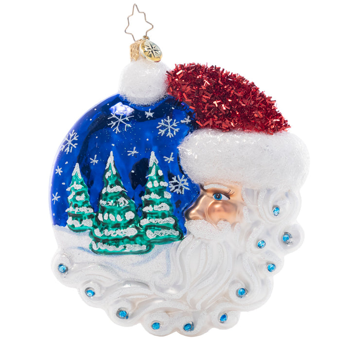 Back - Ornament Description - Christmas Village Santa: Looking out wistfully upon a cozy Christmas village, this crescent-moon Santa is the guardian of a holy night.