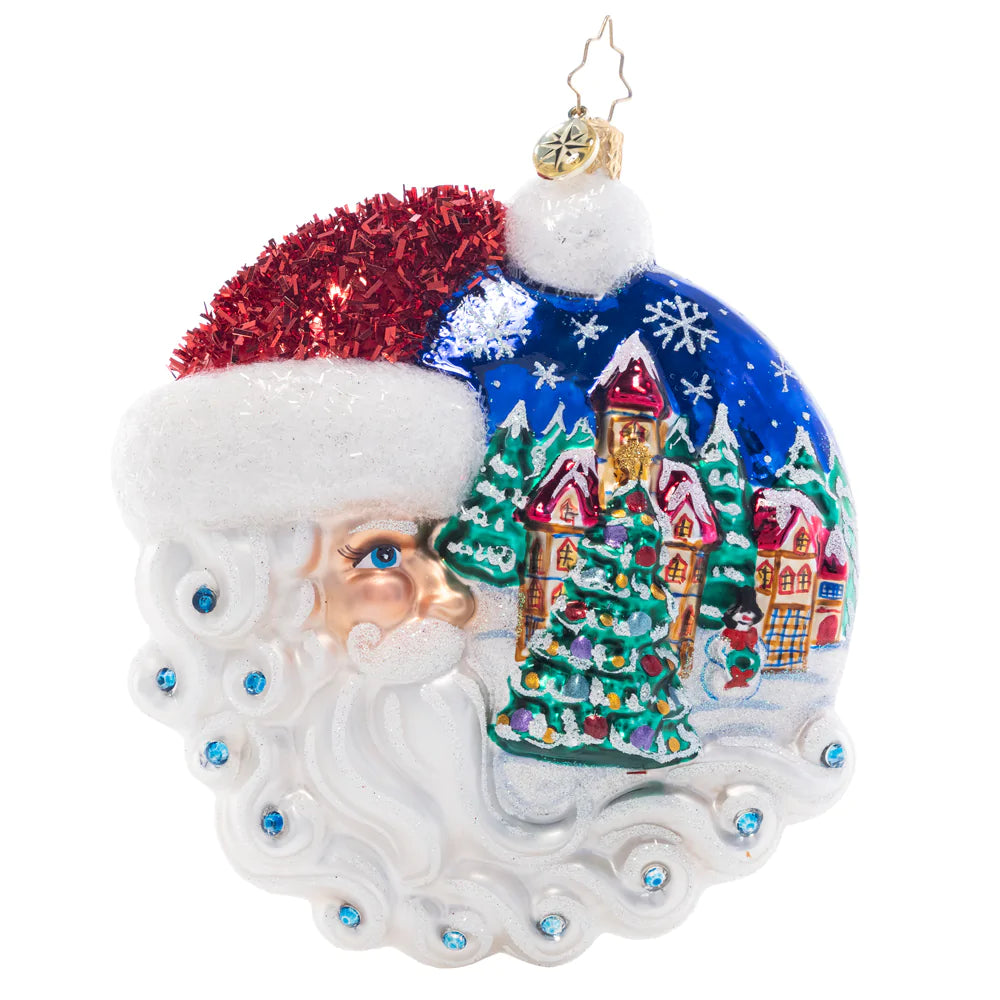Front - Ornament Description - Christmas Village Santa: Looking out wistfully upon a cozy Christmas village, this crescent-moon Santa is the guardian of a holy night.