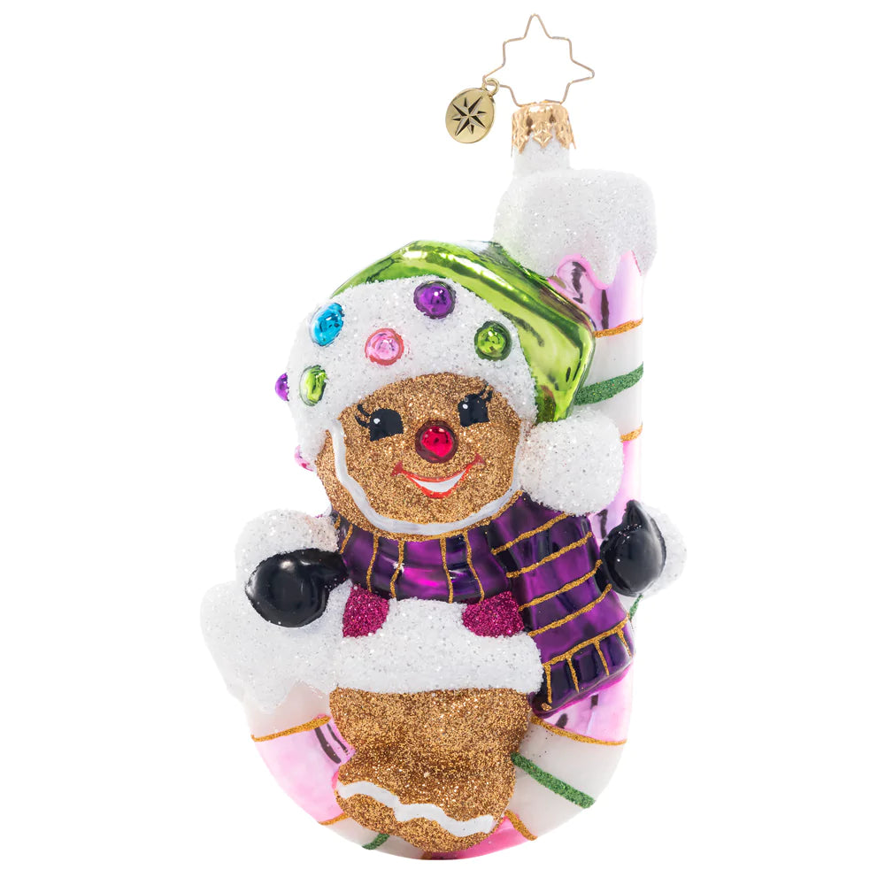 Front - Ornament Description - Candy Cane Cutie: Hang in there, buddy! A curvy candy cane is the perfect perch for this pint-sized gingerbread cookie.