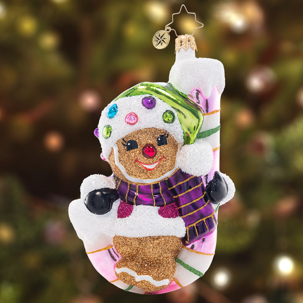 Ornament Description - Candy Cane Cutie: Hang in there, buddy! A curvy candy cane is the perfect perch for this pint-sized gingerbread cookie.