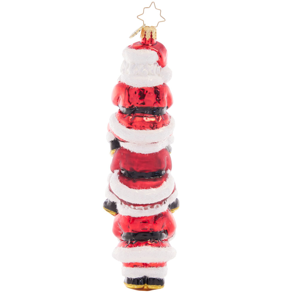 Back - Ornament Description - Three Nicks Are Better Than One: Triple-decker Santas means triple the holiday fun! This silly stack of St. Nicks is a unique and cheerful addition to any tree.